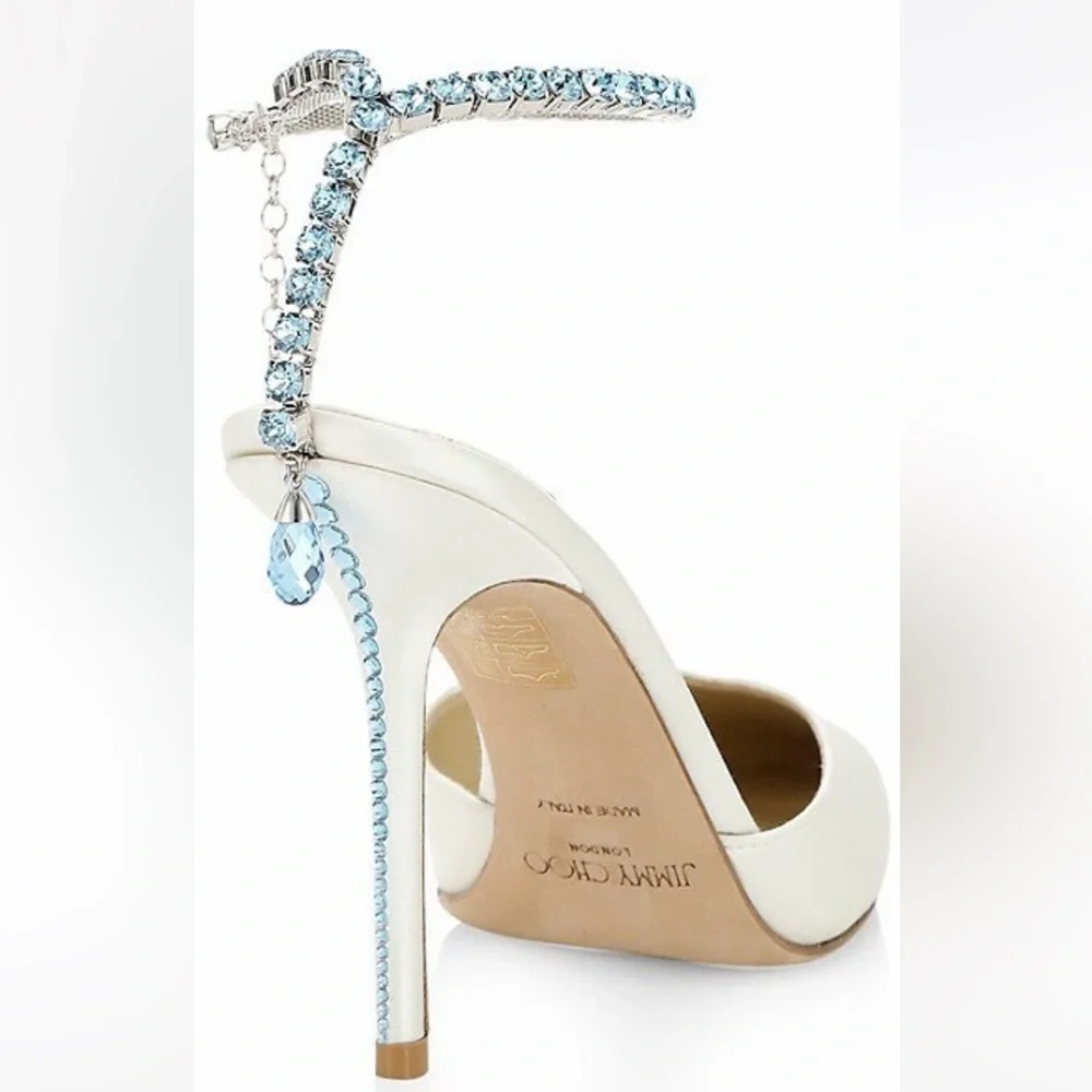 Jimmy Choo White Pointed Toe Crystal-Ankle Strap Stiletto Heels